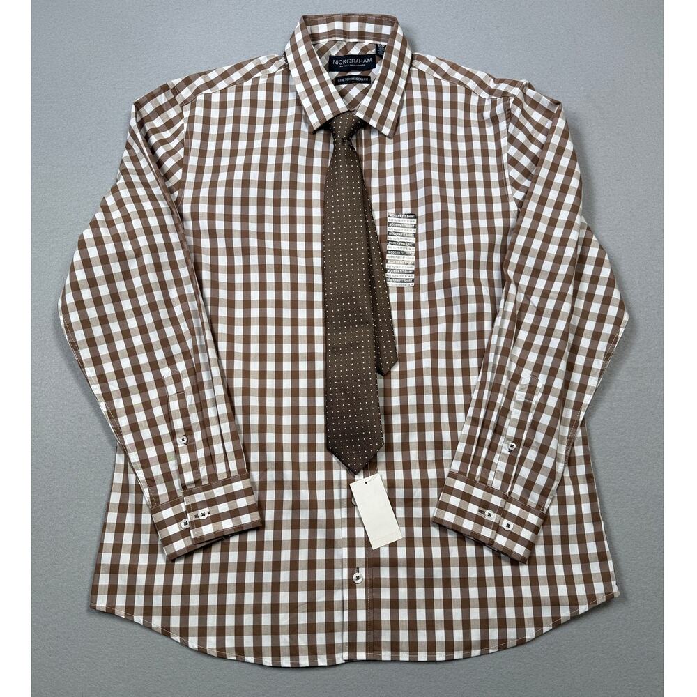 Nick Graham Men's Check Slim Fit Dress Shirt tie set Brown 17-17.5 34-35 $65